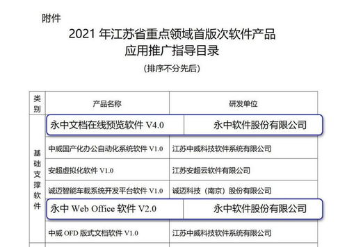 永中軟件入圍江蘇省重點領域首版次軟件產品應用推廣指導目錄，基礎軟件服務實力獲認可
